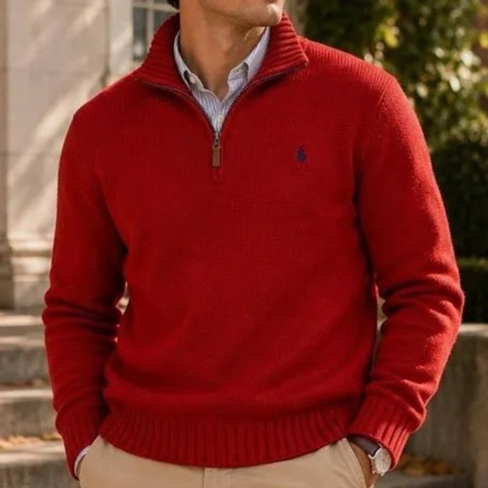 Polo Ralph Lauren Red 100% Cotton Quarter Zip Sweater Mens Large Pony Logo